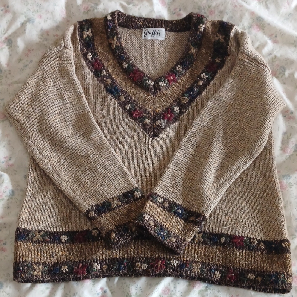 Women's Tan Sweater with Floral Accents